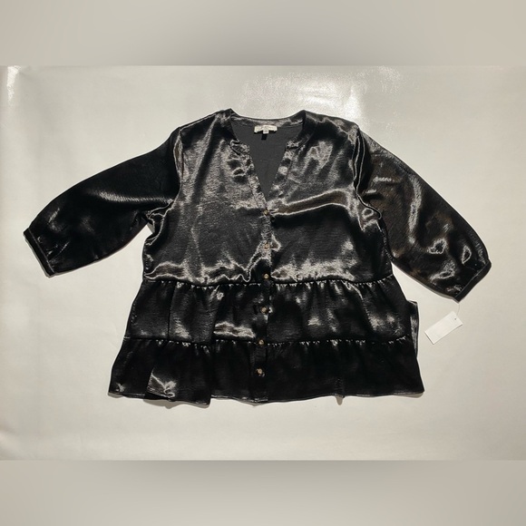 NEW Plus Size 2X Moa Moa Split VNeck 3/4 Sleeve Tier Button Frt Blouse Black - Picture 2 of 10